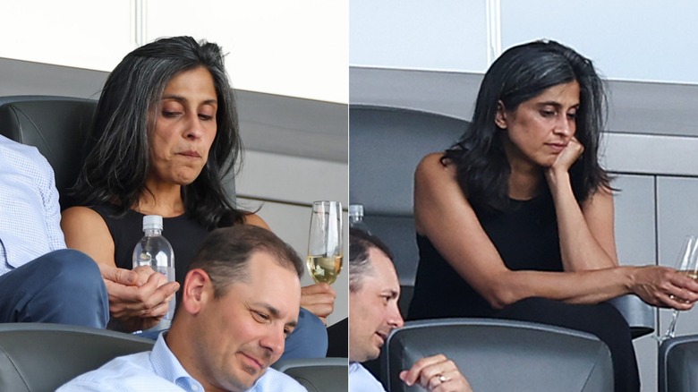 Usha Vance holding a glass of champagne at a FIFA soccer match
