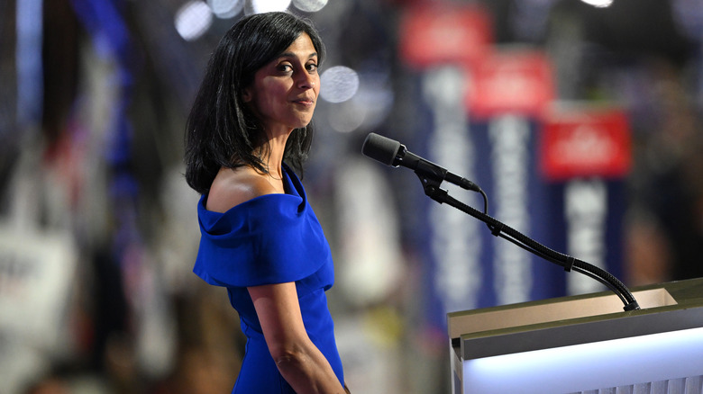 Usha Vance speaking on stage on the third day of the Republican National Convention at the Fiserv Forum