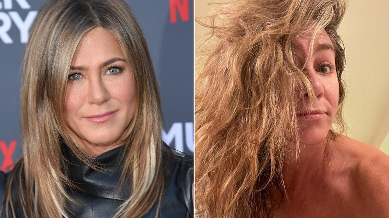 Jennifer Aniston with hair styled and unstyled