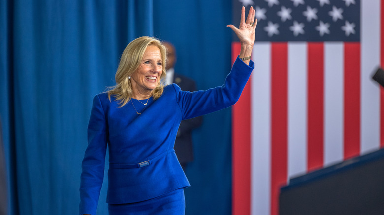 Jill Biden waving in blue