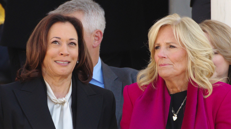 Kamala Harris and Jill Biden making awkward faces at the Arlington Ceremony