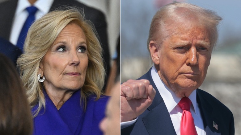 Split image of Jill Biden and Donald Trump with his fist up