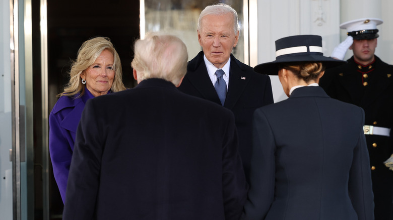 Jill and Joe Biden greet Donald and Melania Trump at the White House.