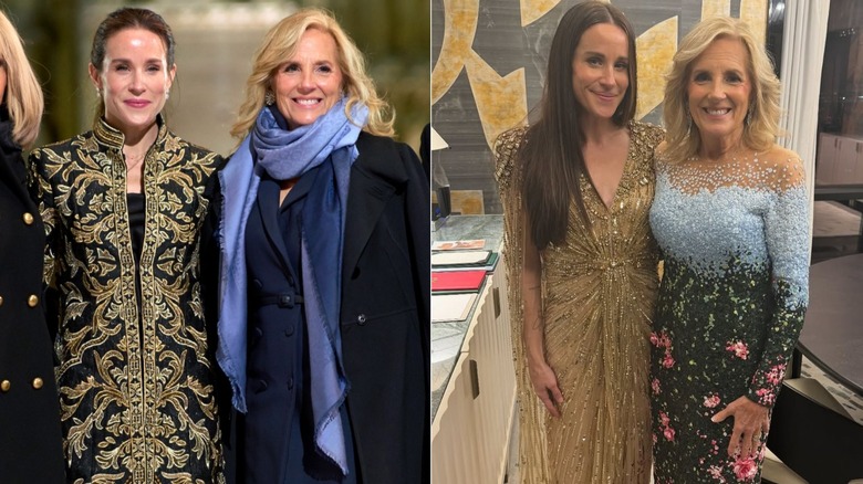 Split image of Ashley Biden and Jill Biden attending the reopening of Notre-Dame of Paris Cathedral and posing in embellished dresses