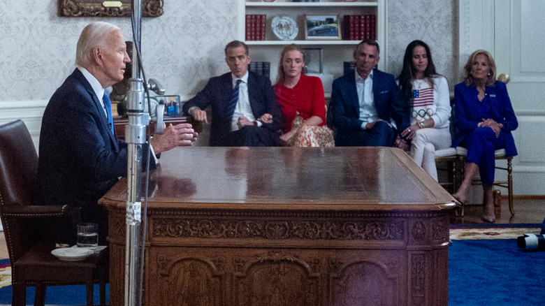 President Joe Biden, with Hunter Biden, Finnegan Biden, Howard Krein, and Ashley Biden, speaking during an address to the nation