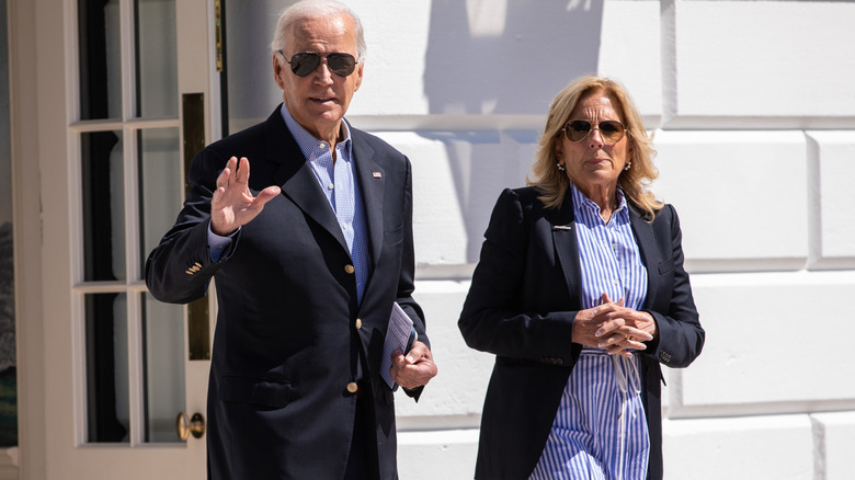 Joe and Jill Biden wearing sunglasses and blazers
