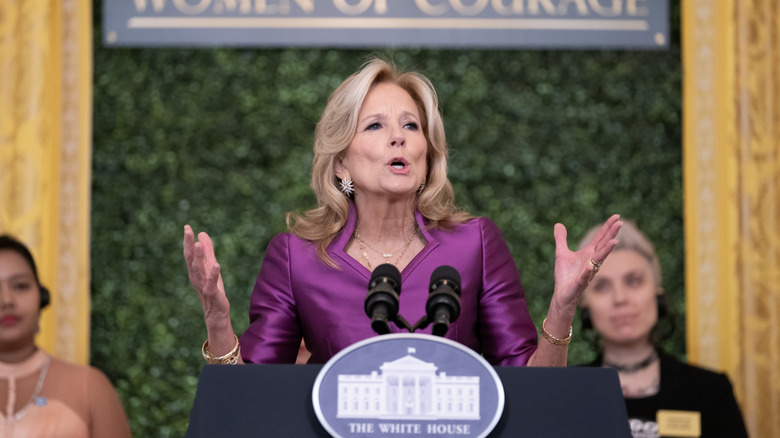 Jill Biden addressing a crowd on International Women's Day