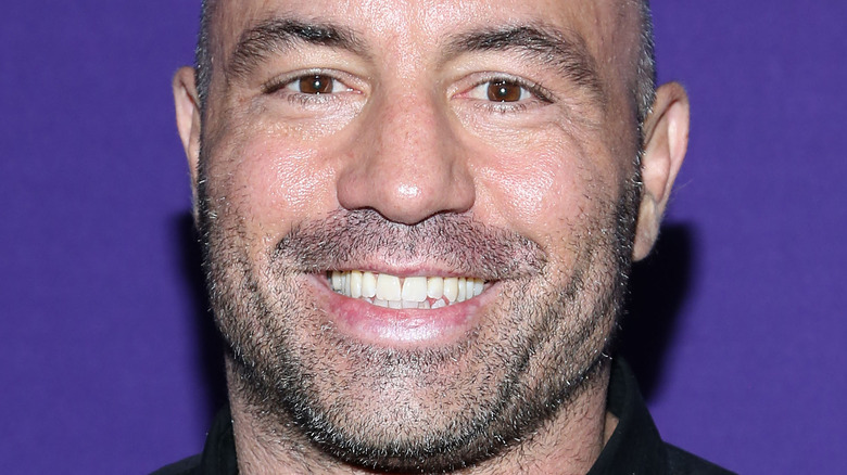 Joe Rogan smiles against purple backdrop