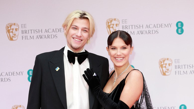Jake Bongiovi and Millie Bobby Brown posing