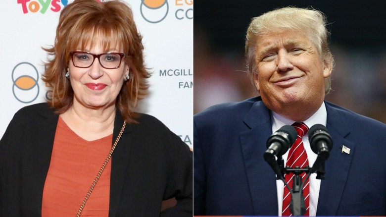 Joy Behar smiling, Donald Trump shrugging and smirking