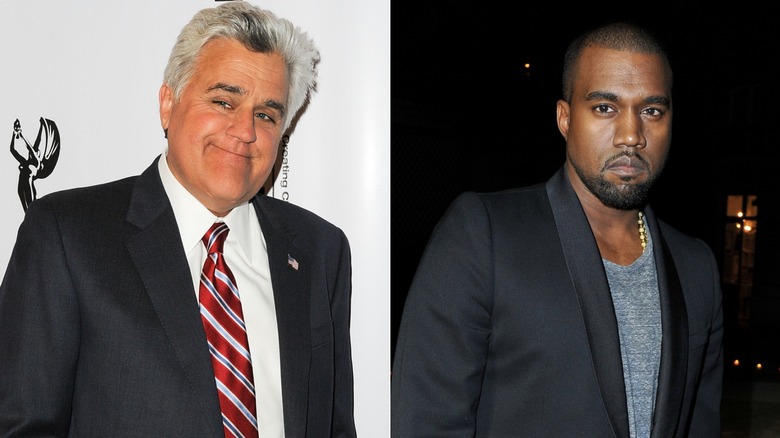 Split image of Jay Leno and Kanye West.