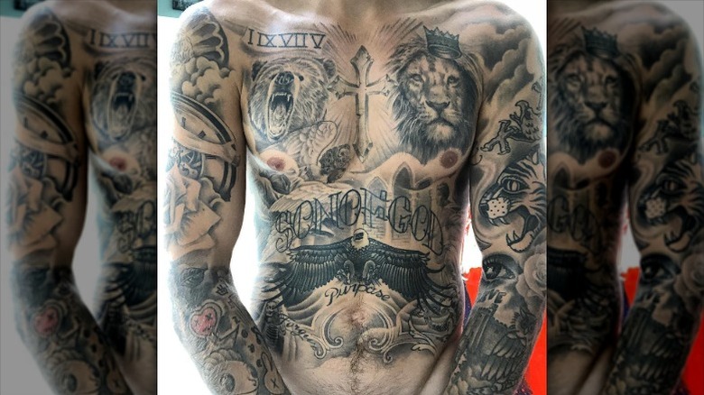 A shot of Justin Bieber's tattoo-covered torso