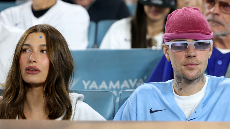 Hailey and Justin Bieber watching the World Series together
