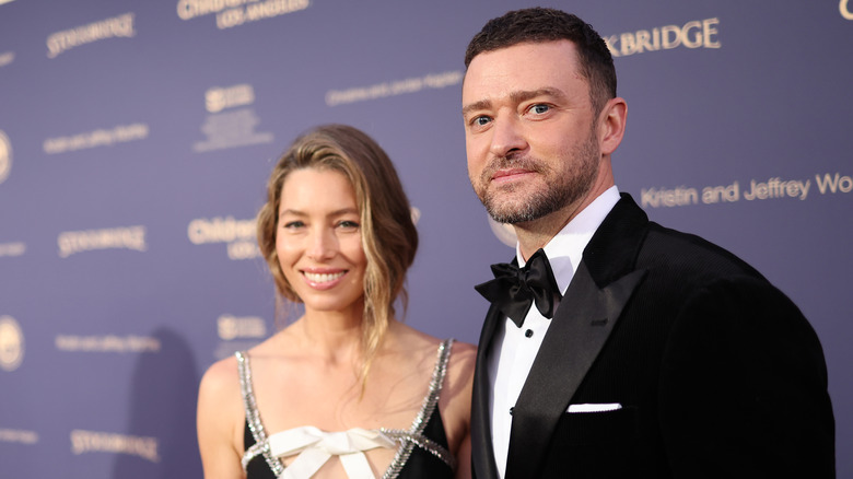 Justin Timberlake tuxedo Jessica Biel smiling