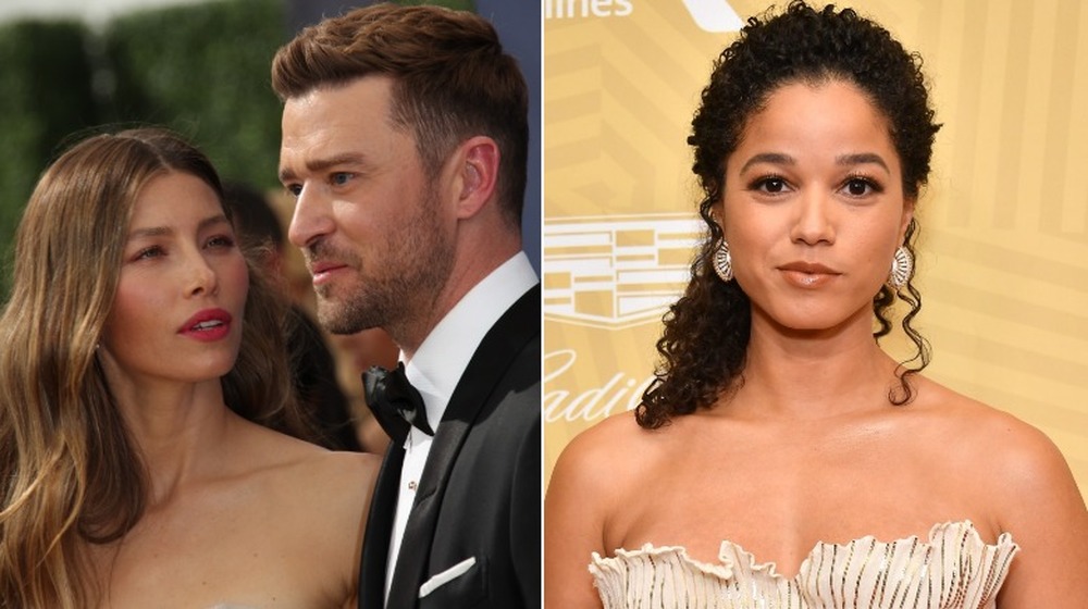Jessica Biel looking at Justin Timberlake, Alisha Wainwright grinning