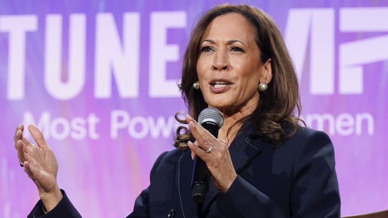 Former U.S Vice President Kamala Harris speaking onstage during the Fortune Most Powerful Women Gala 2025 at Washington National Cathedral