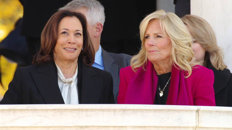 Kamala Harris making awkward face with Jill Biden