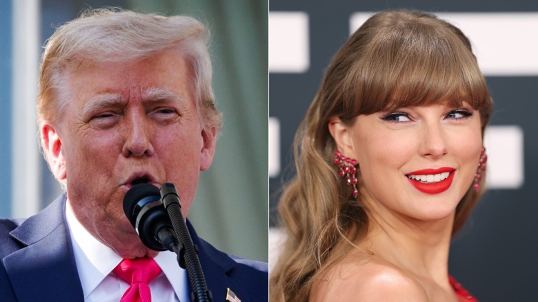 Split image of Donald Trump speaking in microphone and Taylor Swift looking over shoulder