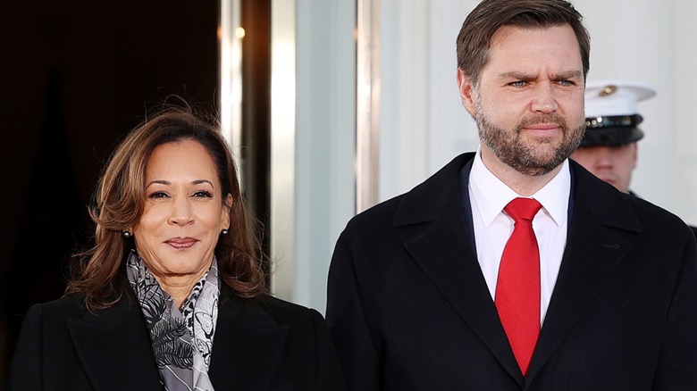 Kamala Harris and JD Vance stand together at the White House ahead of the inauguration of Donald Trump (2025)