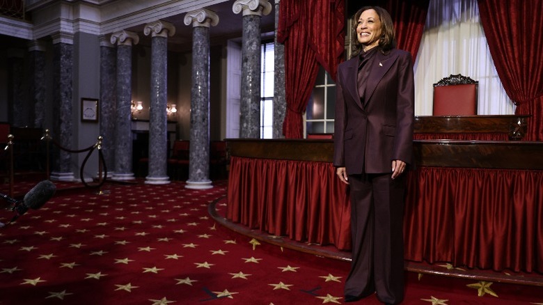 Kamala Harris waits in the Old Senate Chamber to swear in new senators (2024)