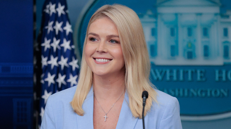 White House Press Secretary Karoline Leavitt talking to reporters during a news conference in the Brady Press Briefing Room