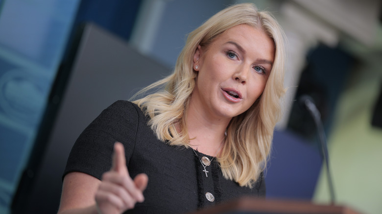 White House Press Secretary Karoline Leavitt speaking during a press briefing in the Brady Press Briefing Room
