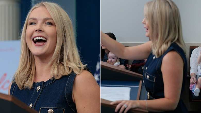 Karoline Leavitt in a blue denim dress at the White House