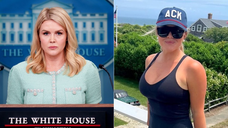 Split images of Karoline Leavitt speaking at the White House and posing outdoors