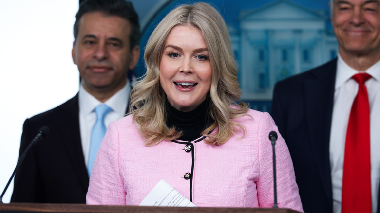 Karoline Leavitt addressing the White House press pool in a pink jacket