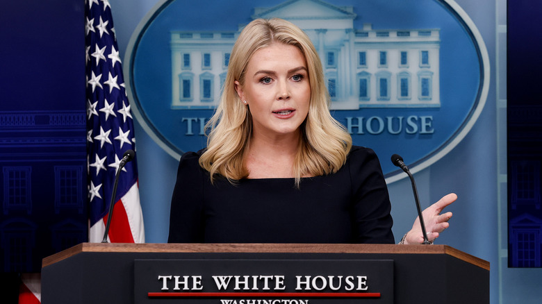 Karoline Leavitt speaking during a daily press briefing in the Brady Press Briefing Room