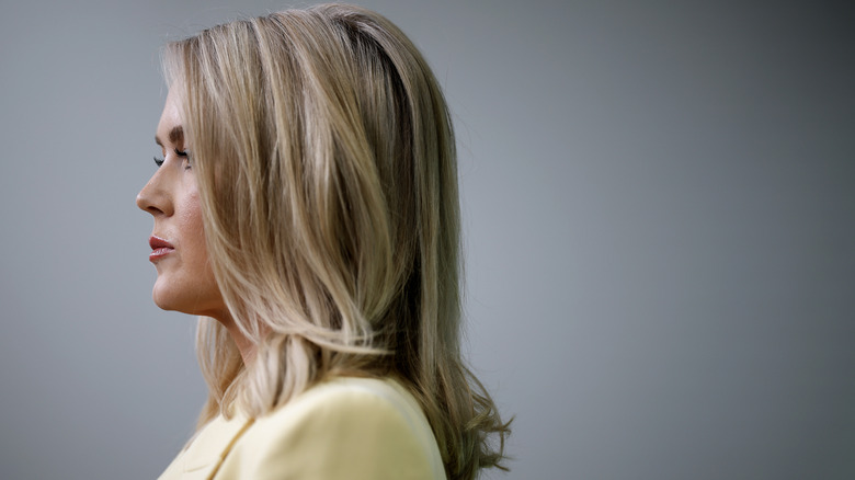 Karoline Leavitt talking to reporters during a news conference in the Brady Press Briefing Room at the White House