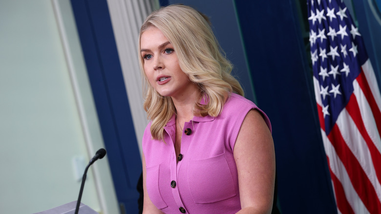 Karoline Leavitt speaking during a daily press briefing in the Brady Press Briefing Room at the White House
