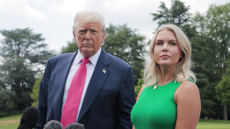 President Donald Trump and White House Press Secretary Karoline Leavitt, speaking to the media as he departs the White House