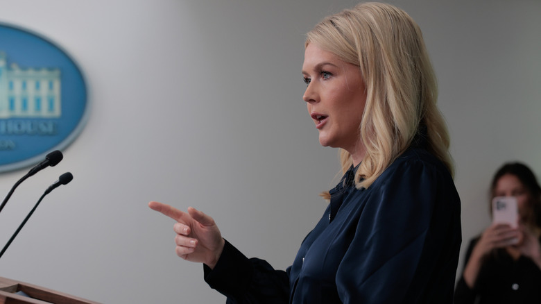 Karoline Leavitt points her finger during a White House press briefing.