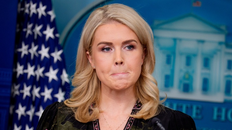 Karoline Leavitt takes a question in the Brady Press Briefing Room of the White House (2025)