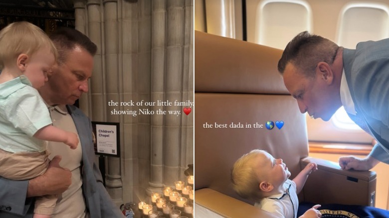 Split image of Nicholas Riccio holding baby Niko and Nicholas Riccio going to kiss baby Niko