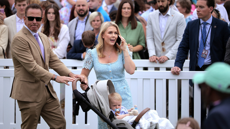Karoline Leavitt and Nicholas Riccio with son at the 2025 White House Easter Egg Roll
