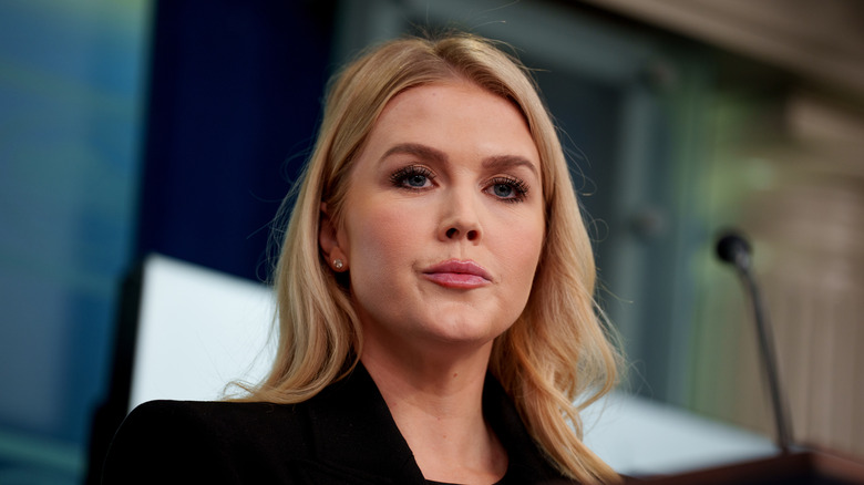 Karoline Leavitt stands by mic during February 2025 news conference