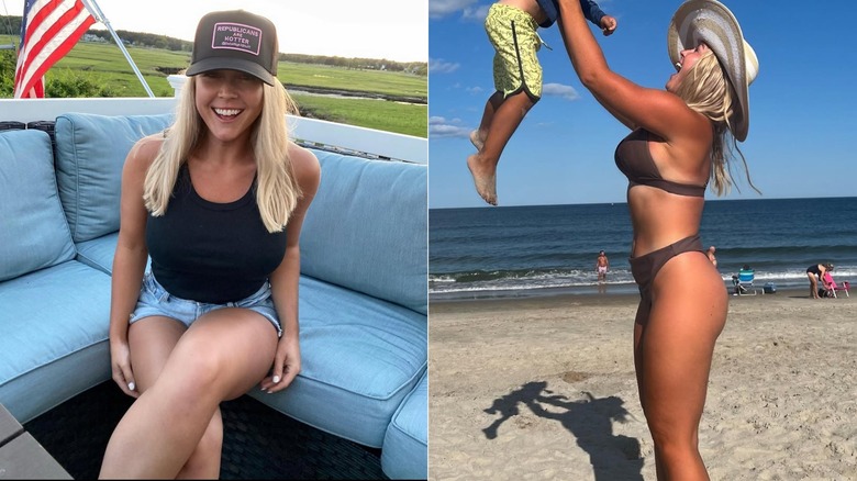 Split images of Karoline Leavitt posing outside
