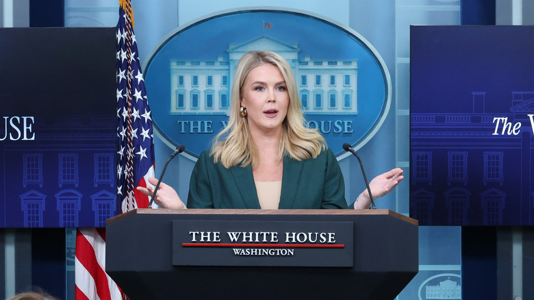 Karoline Leavitt gesturing with her hands during a White House press briefing.