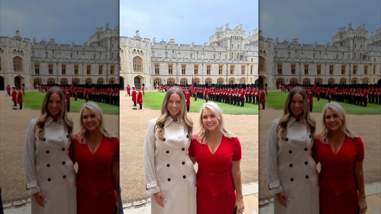 Margo Martin and Karoline Leavitt pose together in front of the King's Guards in England (2025)