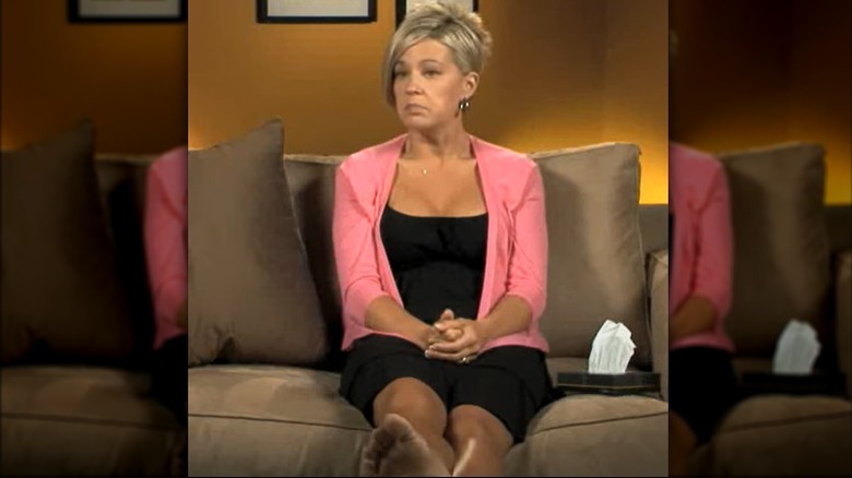 barefoot Kate Gosselin on couch