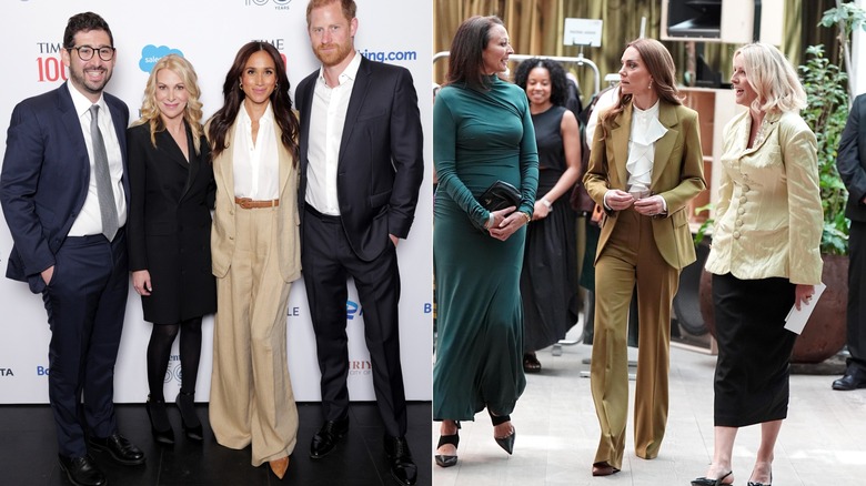 Side-by-side photos of Meghan Markle and Kate Middleton wearing similar outfits