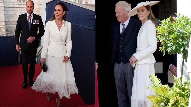Split image of Kate Middleton wearing the same look at different events