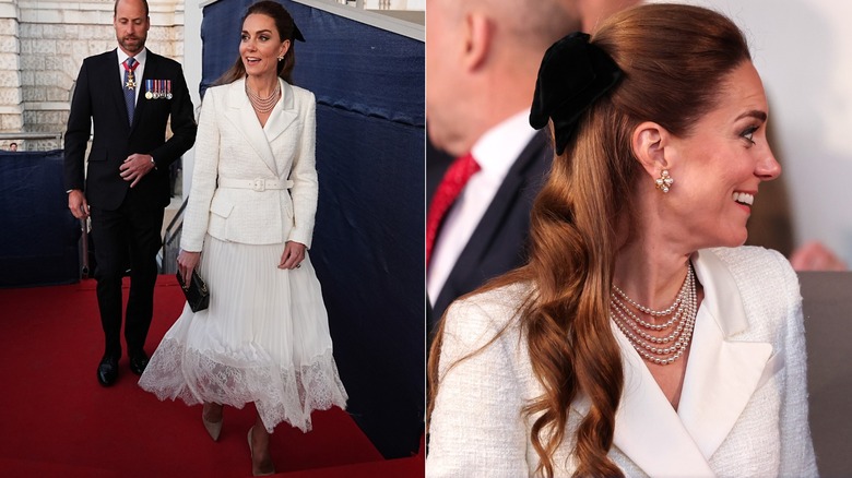 Kate Middleton and Prince William on red carpet, showing off Kate's full dress, next to profile of Kate showing bow in hair