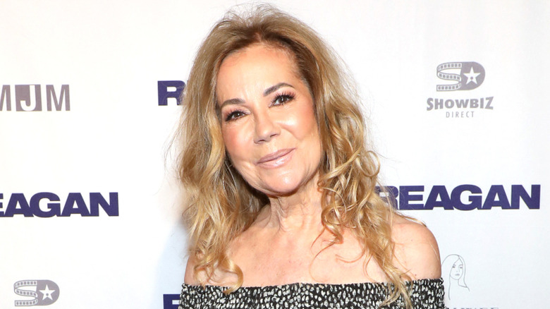 Kathie Lee Gifford poses in a black-and-white patterned off-the-shoulder top in 2024.