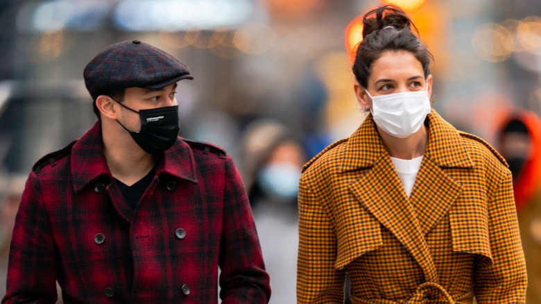 Emilio Vitolo Jr. and Katie Holmes walking in NoHo while wearing masks