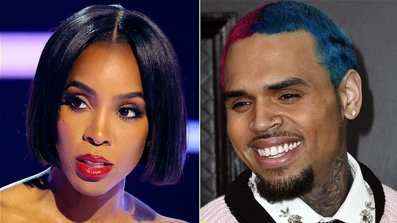 Kelly Rowland on stage at the AMAs (left), Chris Brown smiling (right)