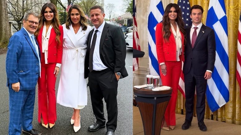 Kimberly posing in a pantsuit with her son and other supporters
