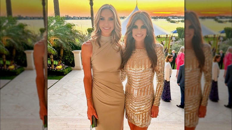 Kimberly Guilfoyle in a sparkly gold mini dress posing with Lara Trump